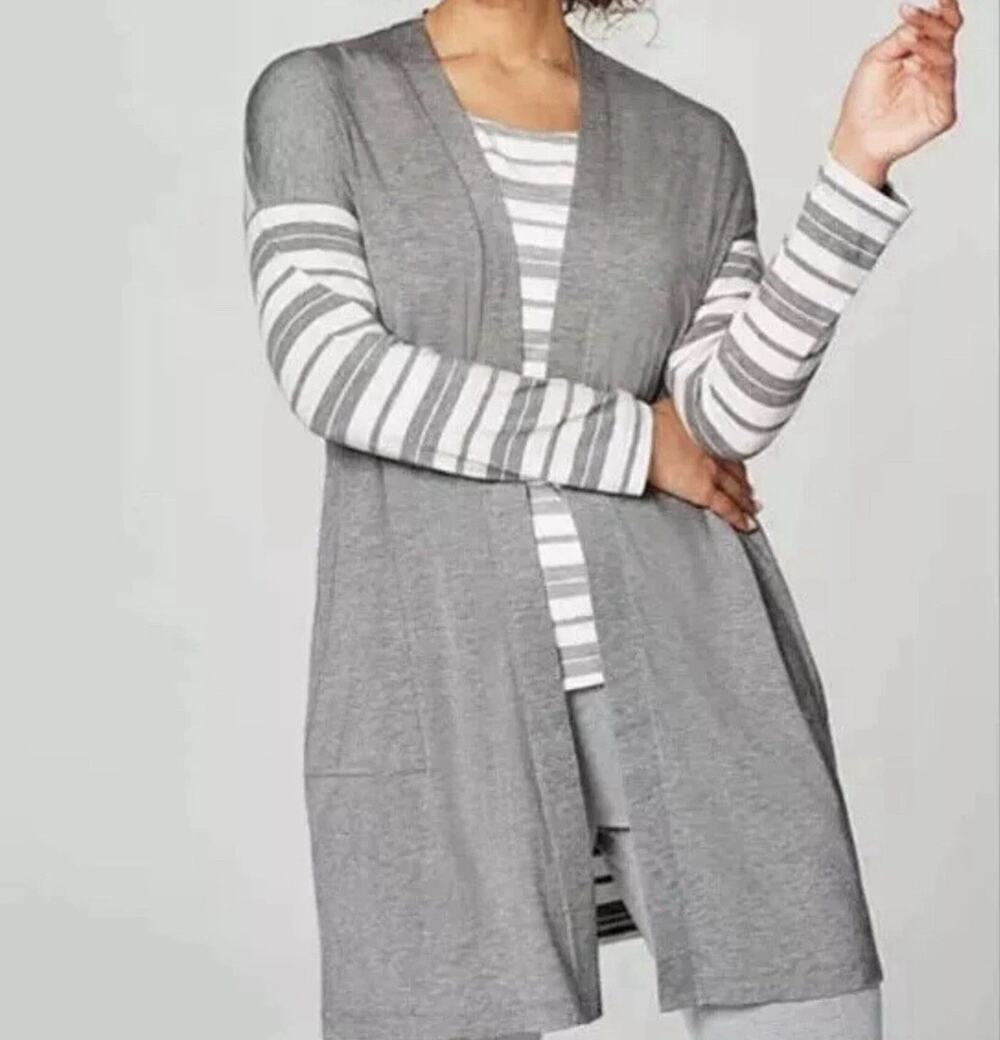 J. Jill Pure Jill Getaway Striped Open Cardigan Size Large Long Duster Pockets